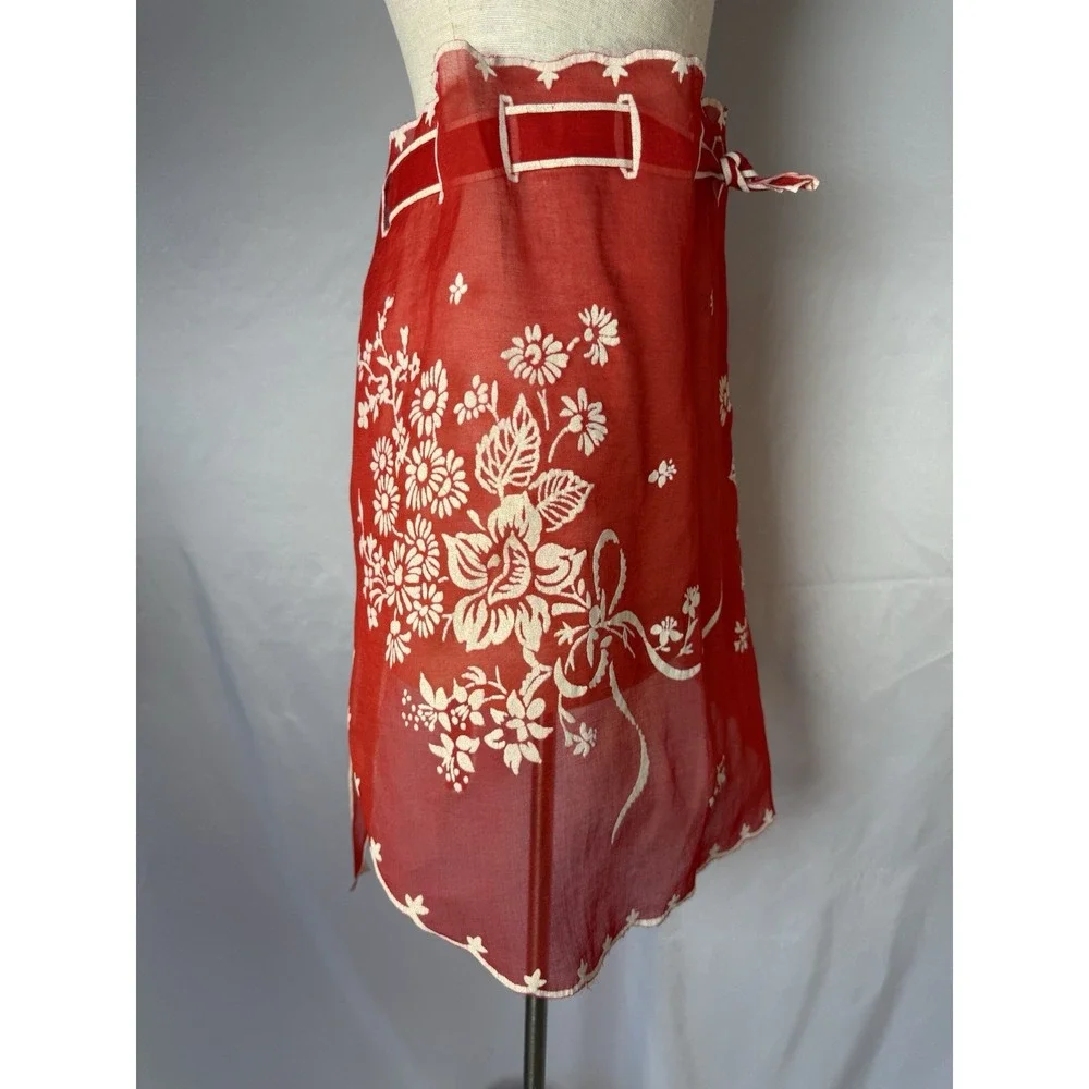 Vintage Sheer Christmas Floral Red White Embossed Half‎ Apron Hostess Retro